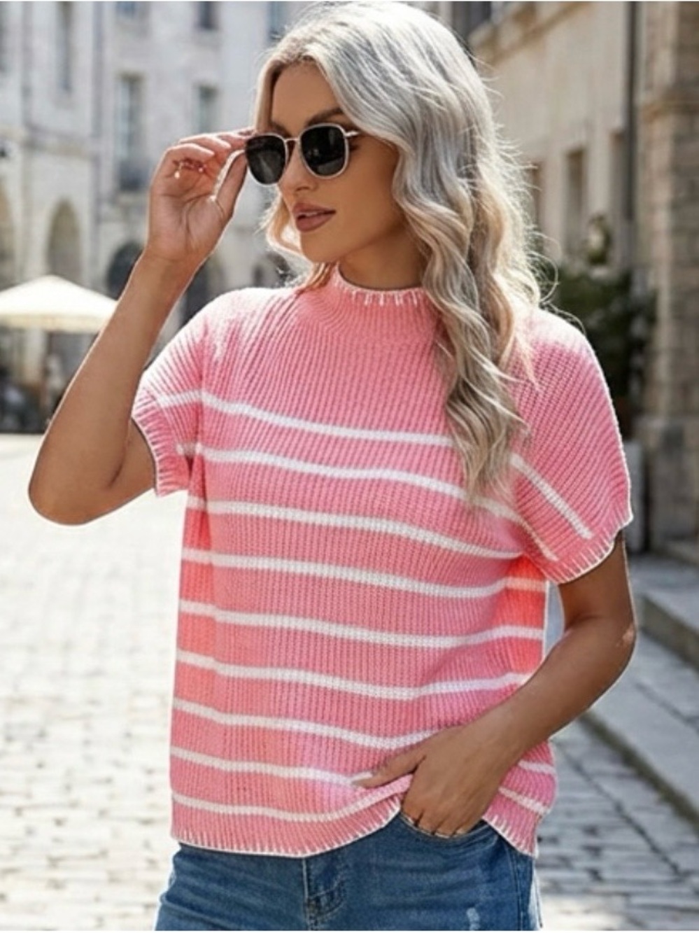 Women's Pink Striped Short-Sleeve Knit Top - New! (Size: Medium)